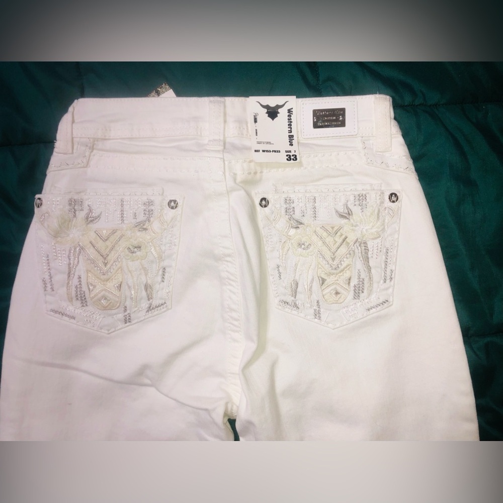 Western Blue Denim White Bootcut Jeans Size 7 33 W/Bull Tag And Horseshoe Charm - Picture 9 of 11